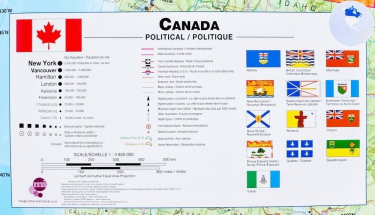 Kanada 1:4 850 000. Mapa ścienna polityczna wydawnictwa Maps International. Legenda
