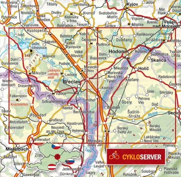 Pogranicze czesko-słowacko-austriackie. Mapa turystyczna, rowerowa 501 wydawnictwa Shocart. Zasięg