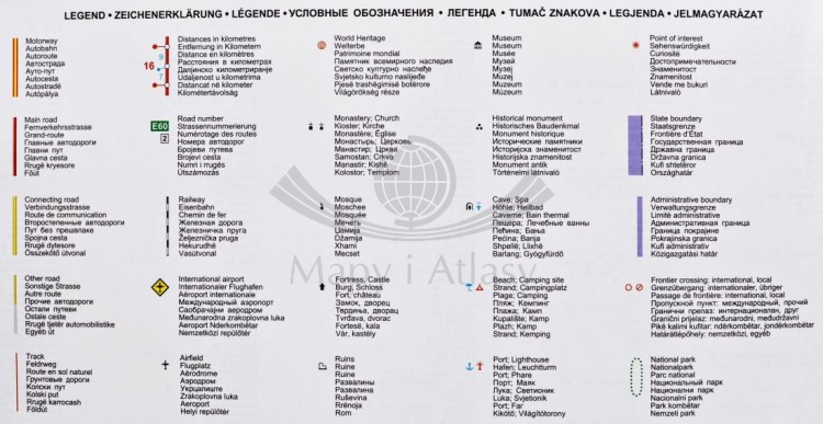 Serbia, Kosowo i Czarnogóra. Mapa drogowa w wersji do wpinania. Rama alu SLIM. Legenda