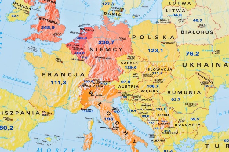 Europa gospodarcza 1:4 500 000. Mapa ścienna wydawnictwa Meridian. PKB - fragment