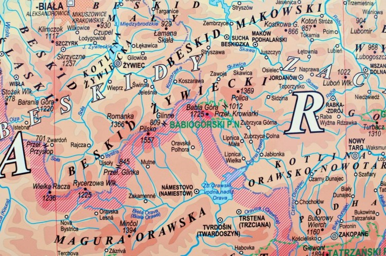 Polska południowa 1:435 000. Mapa ścienna fizyczna. Fragment 1