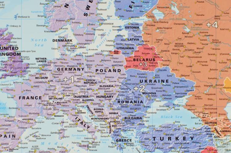 Świat 1:30 000 000. Strefy czasowe. Mapa ścienna polityczna. Fragment 1