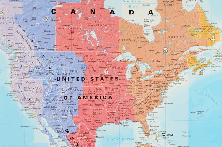 Świat 1:30 000 000. Strefy czasowe. Mapa ścienna polityczna. Fragment 3