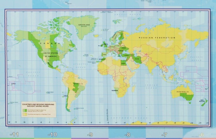 Świat 1:30 000 000. Strefy czasowe. Mapa ścienna polityczna. Fragment 8