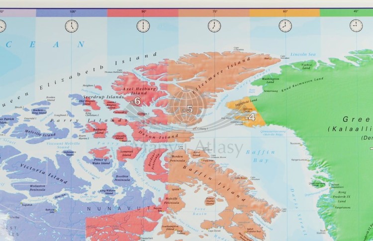 Świat 1:30 000 000. Strefy czasowe. Mapa polityczna w wersji do wpinana. Rama alu SLIM. Fragment 6