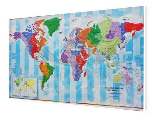 Świat 1:30 000 000. Strefy czasowe. Mapa polityczna w wersji magnetycznej. Rama alu SLIM