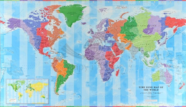 Świat 1:30 000 000. Strefy czasowe. Mapa polityczna w wersji magnetycznej. Rama alu SLIM