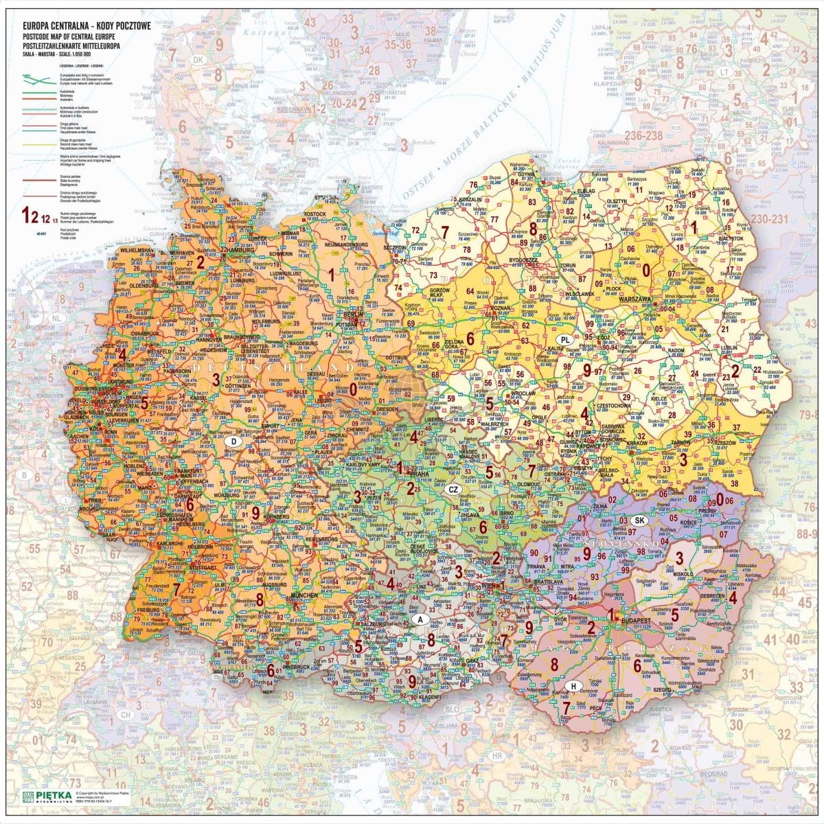 Europa środkowa 1:950 000. Polska, Niemcy, Czechy, Słowacja,  Austria, Węgry. Mapa ścienna kodowo-drogowa. Wersja STRONG
