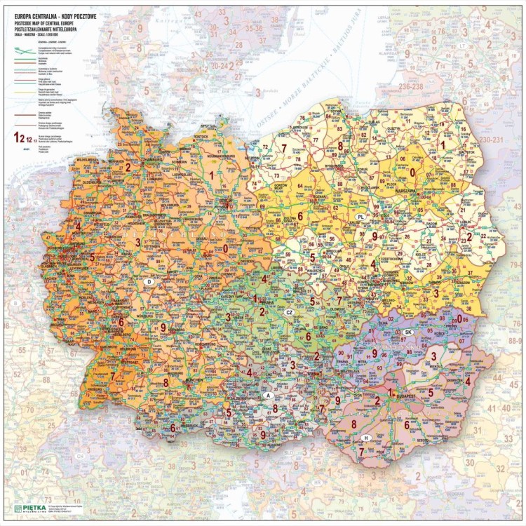 Europa środkowa 1:950 000. Polska, Niemcy, Czechy, Słowacja, Austria, Węgry. Mapa ścienna kodowo-drogowa