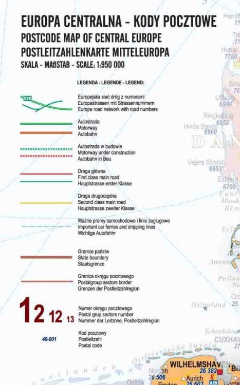 Europa środkowa 1:950 000. Polska, Niemcy, Czechy, Słowacja, Austria, Węgry. Mapa ścienna kodowo-drogowa. Legenda