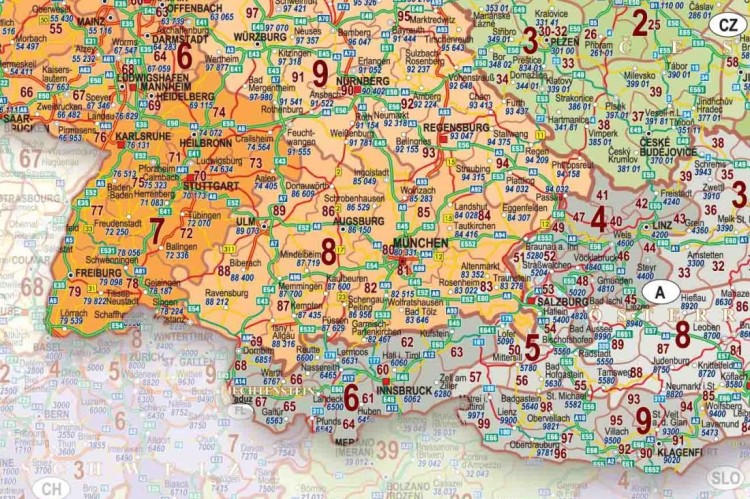 Europa środkowa 1:950 000. Polska, Niemcy, Czechy, Słowacja, Austria, Węgry. Mapa ścienna kodowo-drogowa. Fragment 3