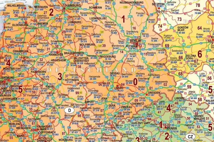 Europa środkowa 1:950 000. Polska, Niemcy, Czechy, Słowacja, Austria, Węgry. Mapa ścienna kodowo-drogowa. Fragment 2