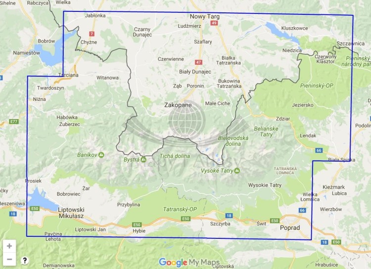 Zimą pod Tatrami. Podhale i Tatry. Mapa turystyczna z informatorem wydawnictwa Compass. Zasięg