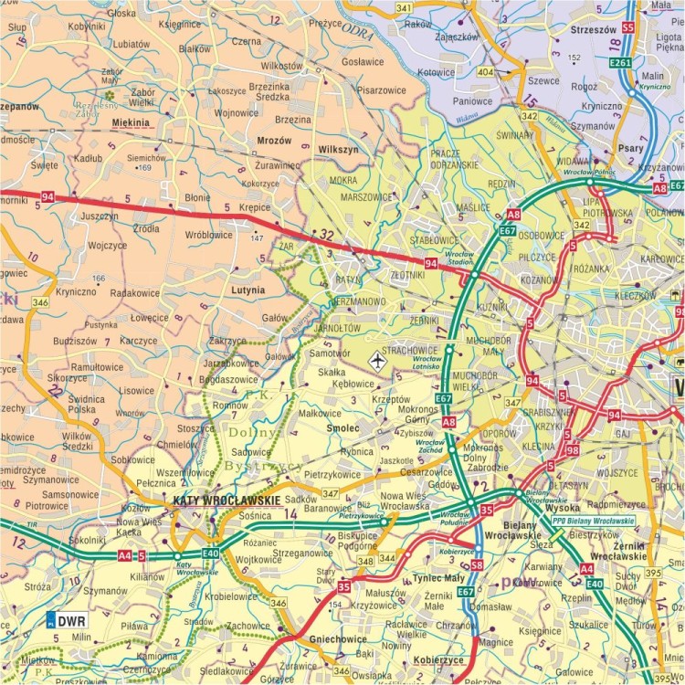 Dolnośląskie 1:200 000. Mapa administracyjno-drogowa magnetyczna. Fragment