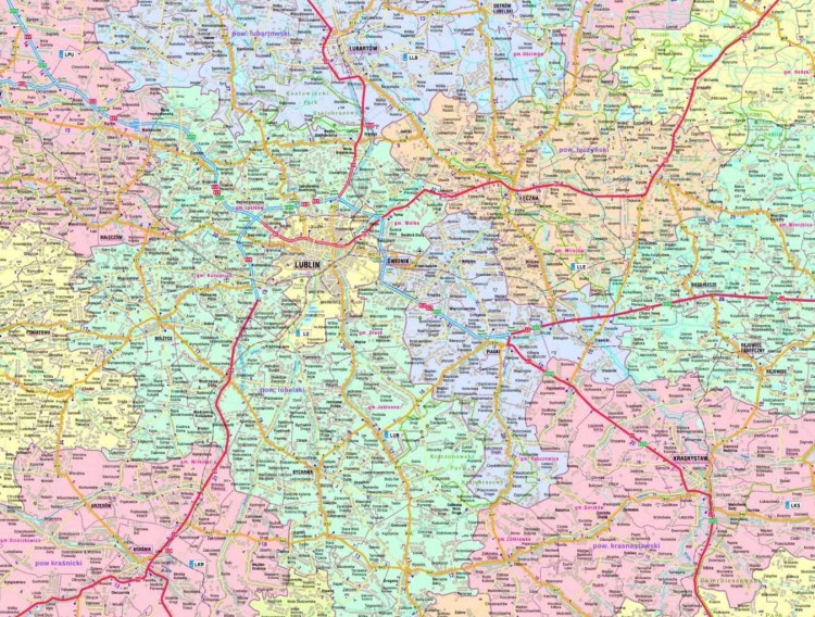 Województwo lubelskie 1:200 000. Mapa administracyjno-drogowa do wpinania. Fragment