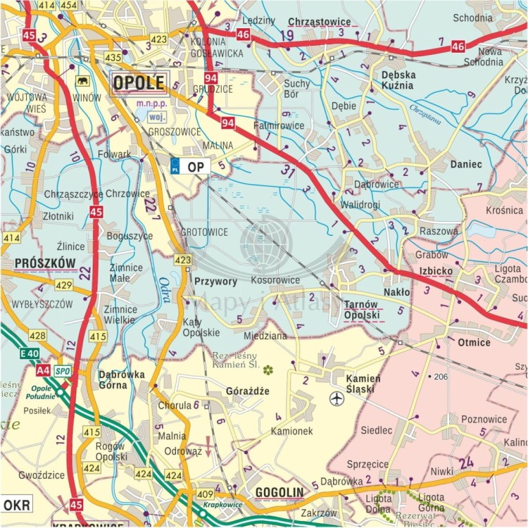 Województwo opolskie 1:150 000. Mapa administracyjno-drogowa w ramie. Fragment