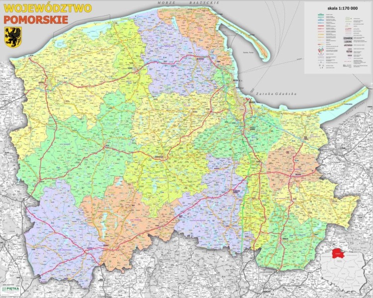 Województwo pomorskie 1:200 000. Mapa ścienna administracyjno-drogowa.