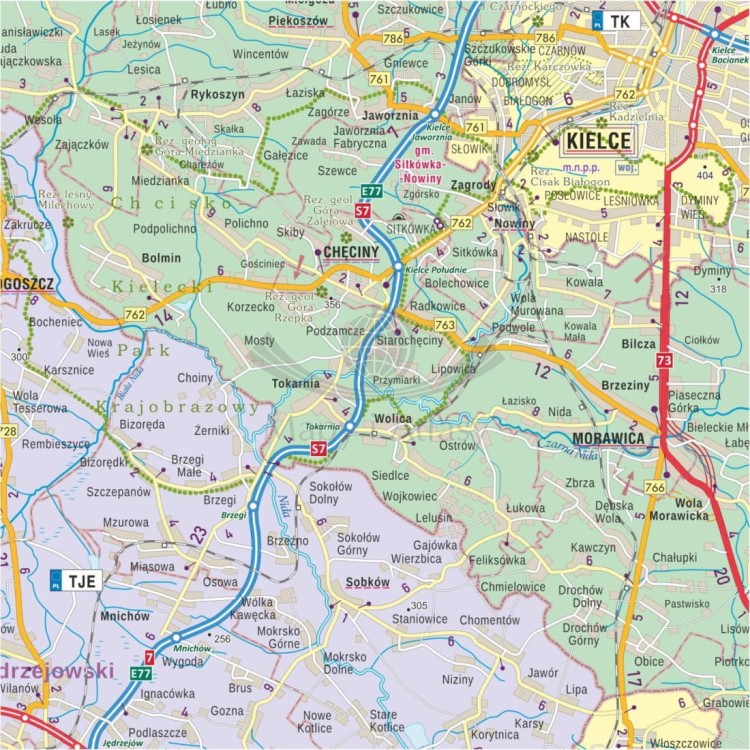 Województwo świętokrzyskie 1:180 000. Mapa administracyjno-drogowa magnetyczna. Fragment