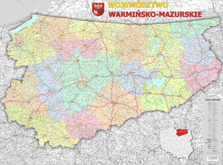 Województwo warmińsko-mazurskie 1:200 000. Mapa ścienna administracyjno-drogowa