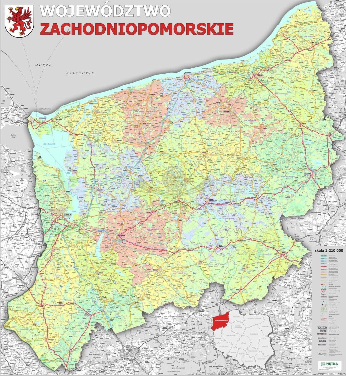 Województwo zachodniopomorskie 1:210 000. Mapa ścienna administracyjno-drogowa. Wersja STRONG