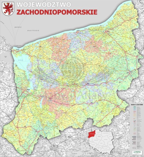 Województwo zachodniopomorskie 1:210 000. Mapa ścienna administracyjno-drogowa