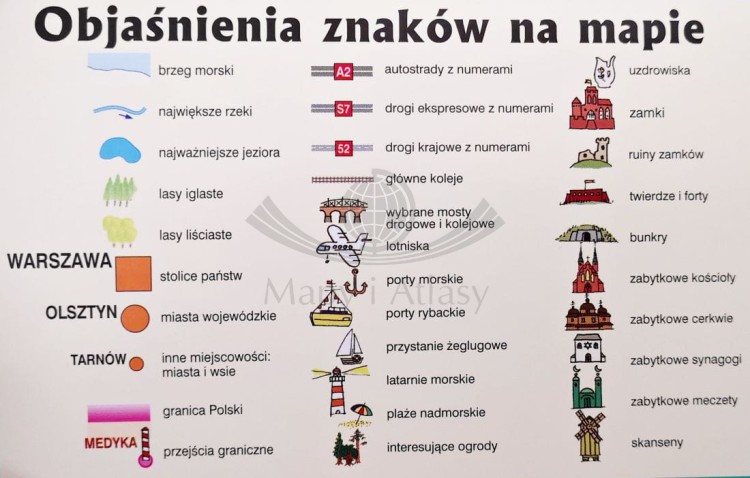 Polska Junior. Mapa ścienna dla dzieci. Plansza edukacyjna wydawnictwa Demart. Legenda