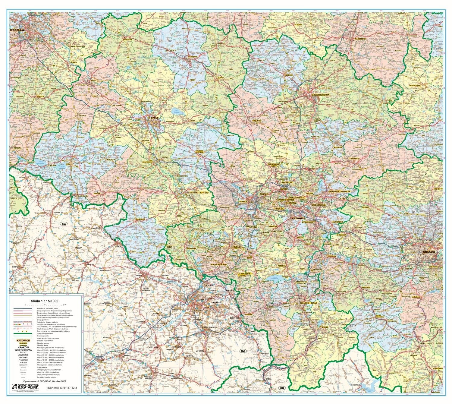 Województwo opolskie i śląskie 1:150 000. Mapa ścienna administracyjno-drogowa