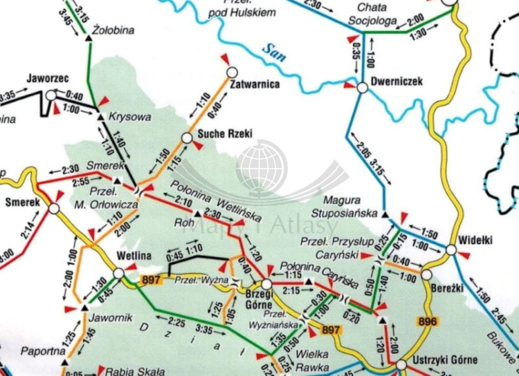 Bieszczady ,,Naj" 1:225 000. Laminowana mapa samochodowo-turystyczna wydawnictwa Compass. Schemat szlaków - fragment