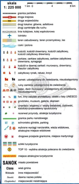 Bieszczady ,,Naj" 1:225 000. Laminowana mapa samochodowo-turystyczna wydawnictwa Compass. Legenda