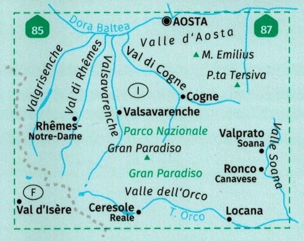 Park Narodowy Gran Paradiso, Dolina Aosty i Orco. Wodoodporna mapa turystyczna 86 wydawnictwa Kompass. Zasięg
