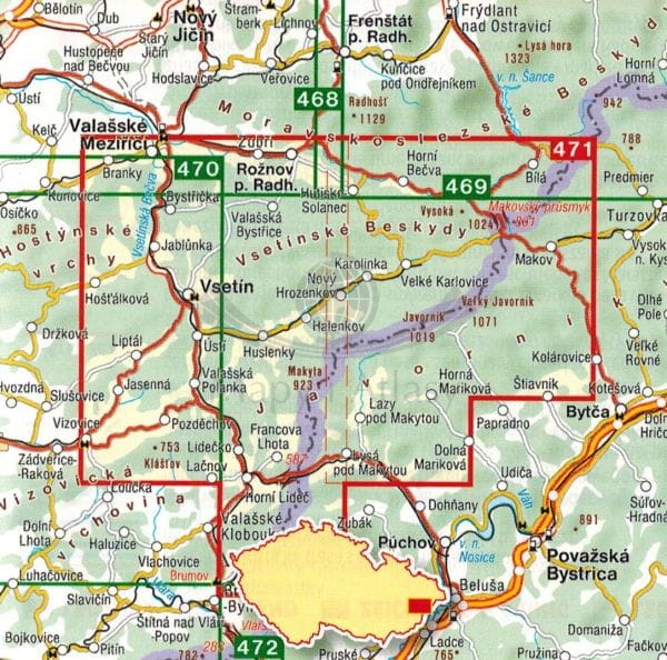 Beskidy, Jaworniki / Beskydy, Javorniky. Mapa turystyczna 471 + Miniprzewodnik wydawnictwa Shocart. Zasięg