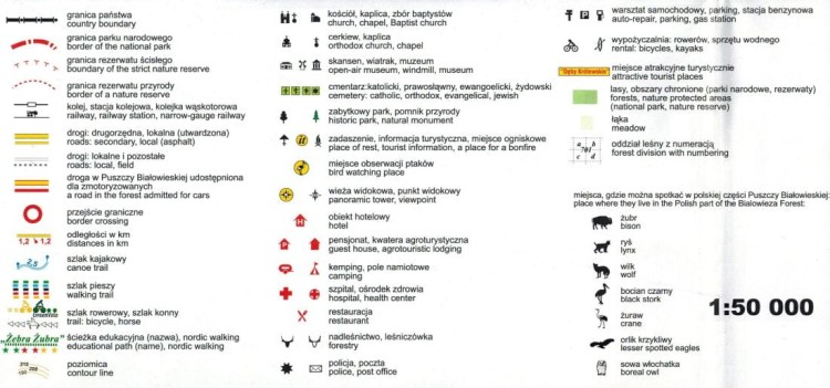 Puszcza Białowieska i okolice 1:50 000. Mapa turystyczna wydawnictwa Cartomedia. Legenda