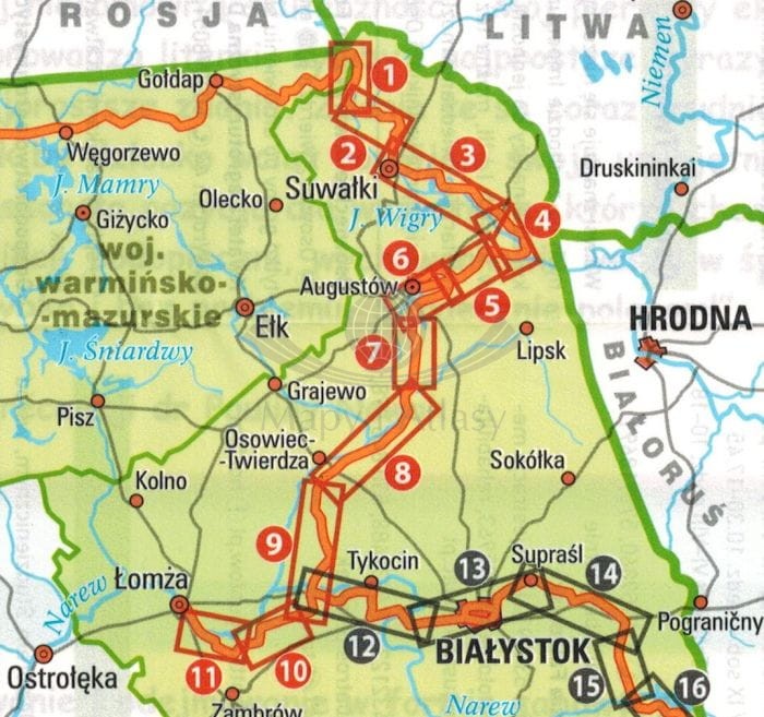 Podlaskie - północ. Wodoodporna mapa rowerowa z serii "Nie tylko Green Velo"  wydawnictwa Euro Pilot. Zasięg (numery czerwone)