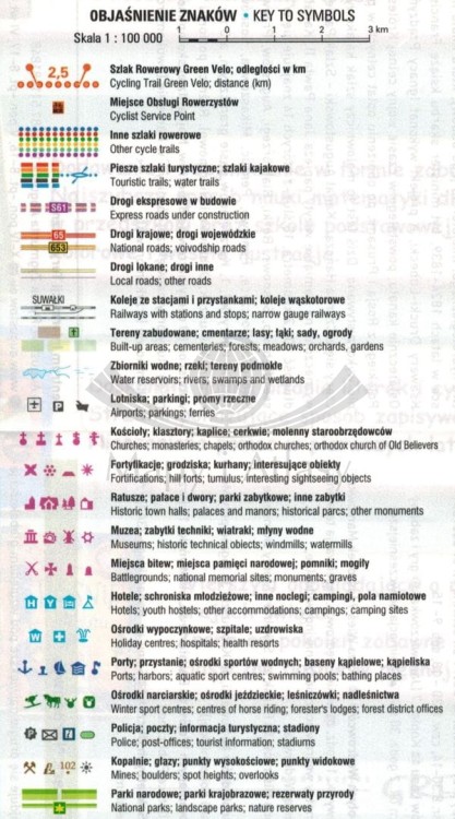Podlaskie - północ. Wodoodporna mapa rowerowa z serii "Nie tylko Green Velo"  wydawnictwa Euro Pilot. Legenda