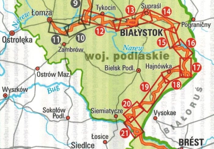 Podlaskie - południe. Wodoodporna mapa rowerowa z serii "Nie tylko Green Velo"  wydawnictwa Euro Pilot. Zasięg (numery czerwone)