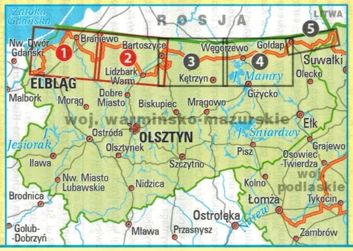 Warmińsko-mazurskie - zachód. Wodoodporna mapa rowerowa z serii "Nie tylko Green Velo"  wydawnictwa Euro Pilot. Zasięg (numery czerwone)