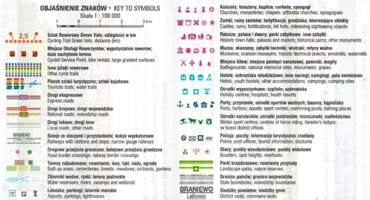 Warmińsko-mazurskie - zachód. Wodoodporna mapa rowerowa z serii "Nie tylko Green Velo"  wydawnictwa Euro Pilot. Legenda