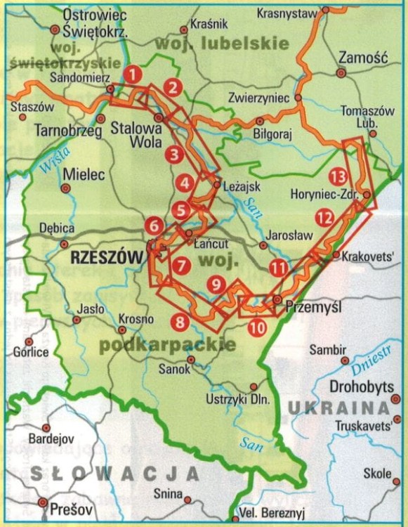 Podkarpackie. Wodoodporna mapa rowerowa z serii "Nie tylko Green Velo"  wydawnictwa Euro Pilot. Zasięg