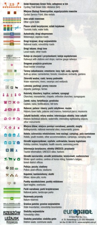 Podkarpackie. Wodoodporna mapa rowerowa z serii "Nie tylko Green Velo"  wydawnictwa Euro Pilot. Legenda