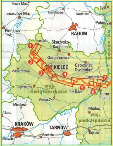 Świętokrzyskie. Wodoodporna mapa rowerowa z serii "Nie tylko Green Velo"  wydawnictwa Euro Pilot. Zasieg