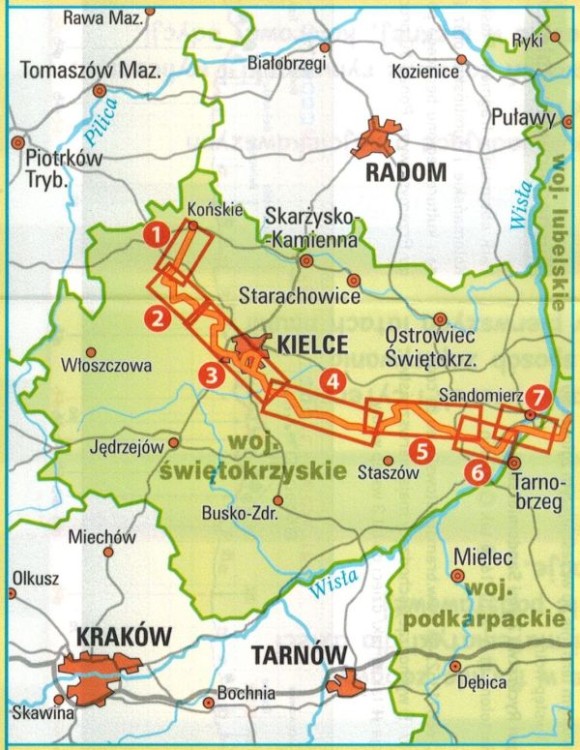 Świętokrzyskie. Wodoodporna mapa rowerowa z serii "Nie tylko Green Velo"  wydawnictwa Euro Pilot. Zasieg