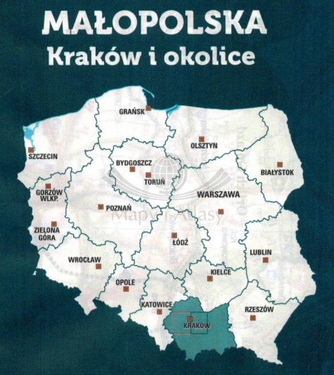 Kraków i okolice - zachód. Wodoodporna mapa rowerowa z serii "Nie tylko Green Velo"  wydawnictwa Euro Pilot. Zasięg (ramka czerwona)