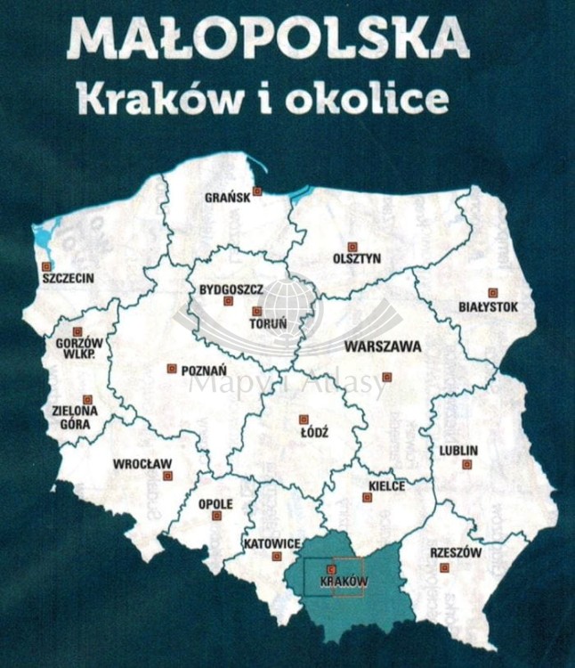 Kraków i okolice - wschód. Wodoodporna mapa rowerowa z serii "Nie tylko Green Velo"  wydawnictwa Euro Pilot. Zasięg (ramka czerwona)
