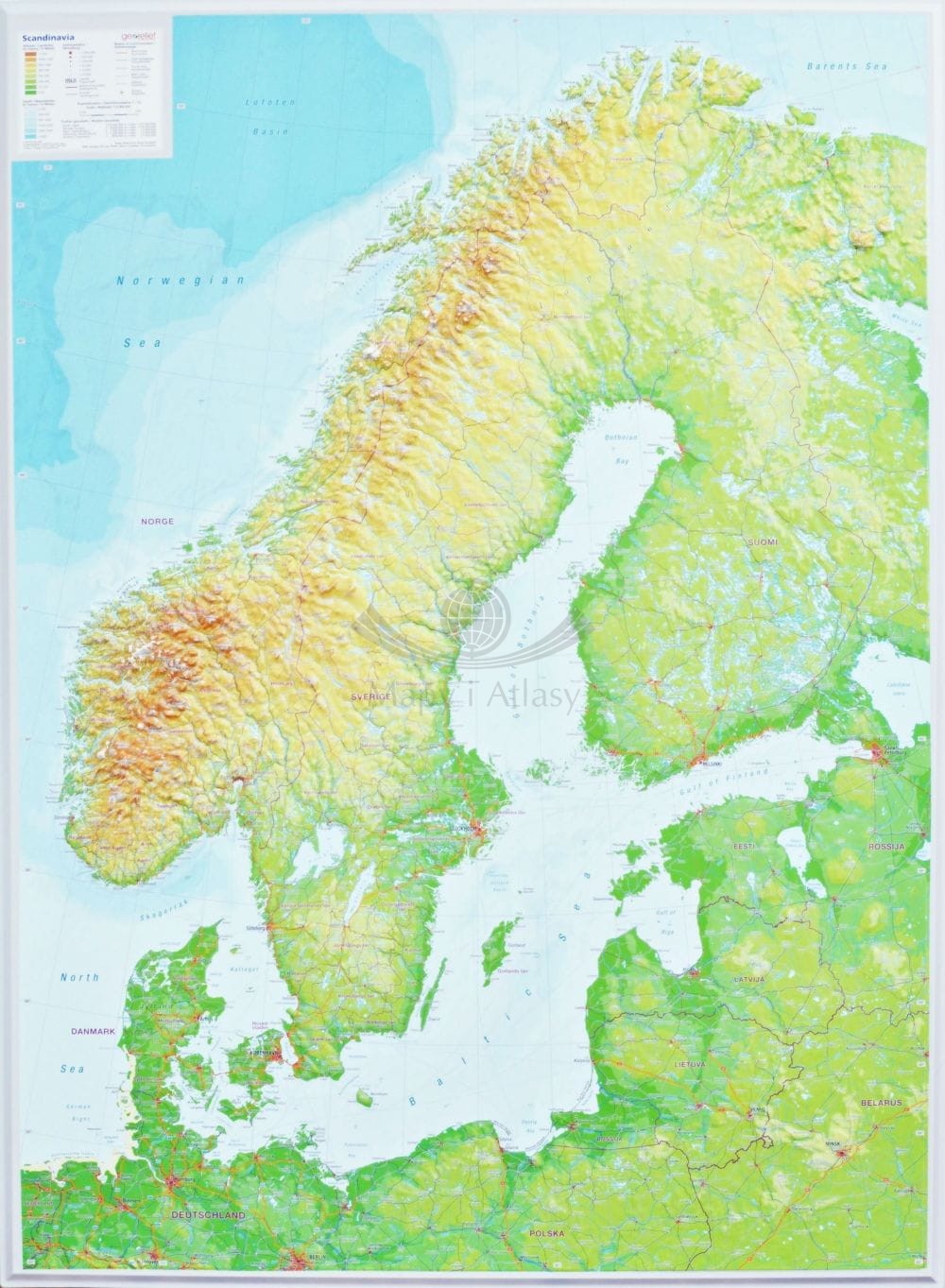 Skandynawia 1:2 800 000. Fizyczna mapa 3D, plastyczna (trójwymiarowa). Georelief