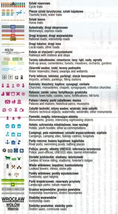Wrocław i okolice - zachód. Wodoodporna mapa rowerowa z serii "Nie tylko Green Velo"  wydawnictwa Euro Pilot. Legenda