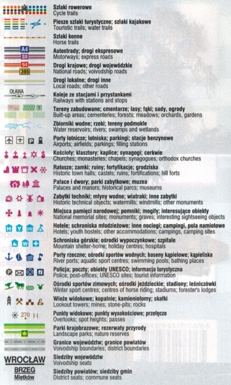 Wrocław i okolice - wschód. Wodoodporna mapa rowerowa z serii "Nie tylko Green Velo"  wydawnictwa Euro Pilot. Legenda