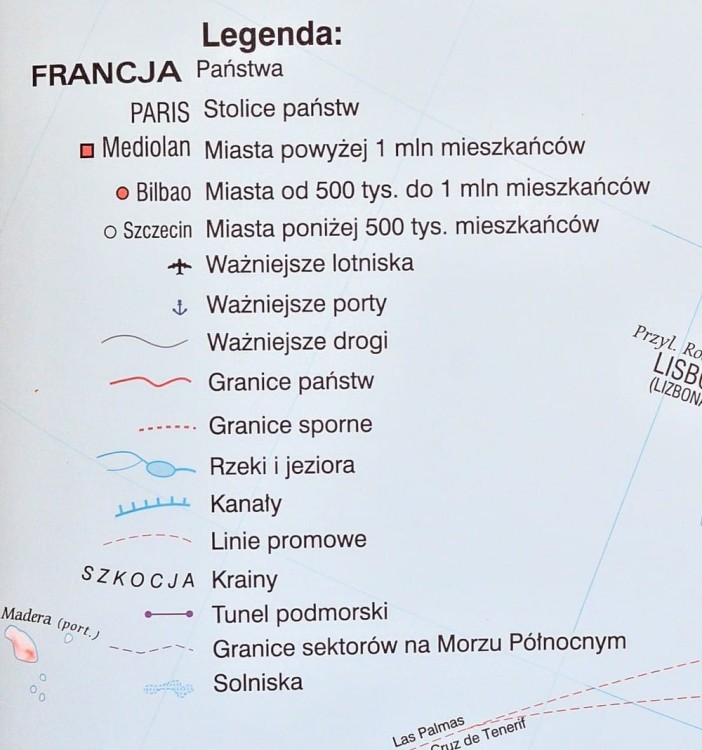 Europa 1:4 000 000. Mapa ścienna polityczna wydawnictwa Meridian. Legenda