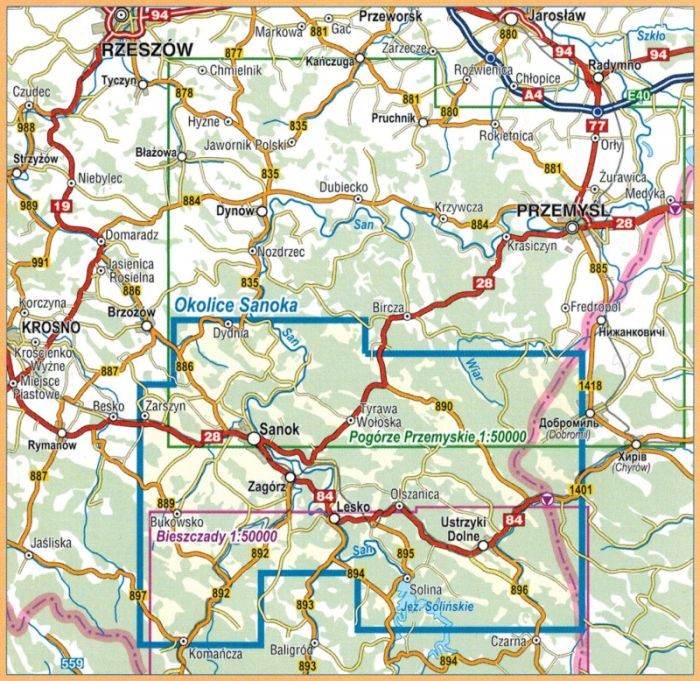 Góry Sanocko-Turczańskie. Okolice Sanoka. Laminowana mapa turystyczna wydawnictwa Compass. Zasięg