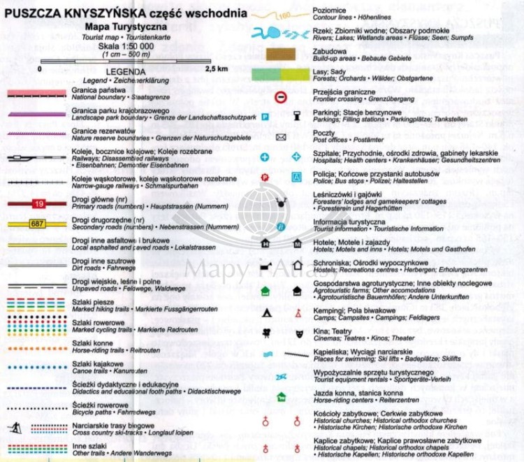 Puszcza Knyszyńska, część wschodnia. Wodoodporna mapa turystyczna wydawnictwa TD Mapy. Legenda 1
