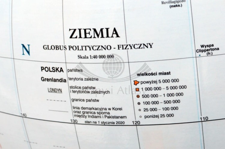 Globus polityczno-fizyczny 32 cm. Podłogowy, podświetlany. Legenda